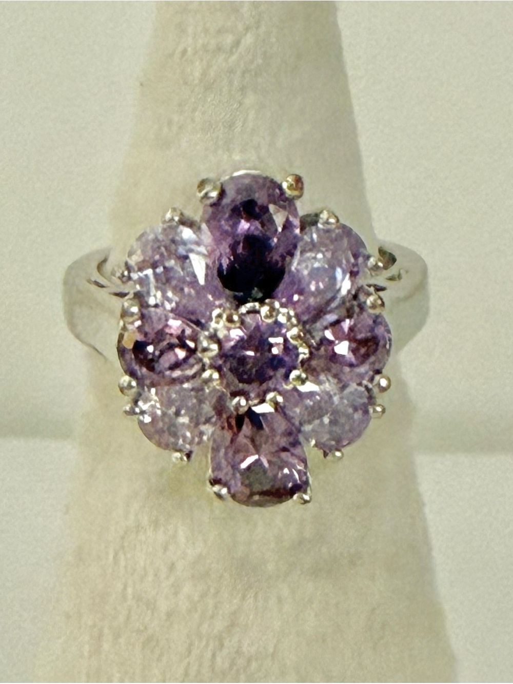 Silver Tone Purple Crystal Floral Cluster Cocktail Statement Ring Size 6
